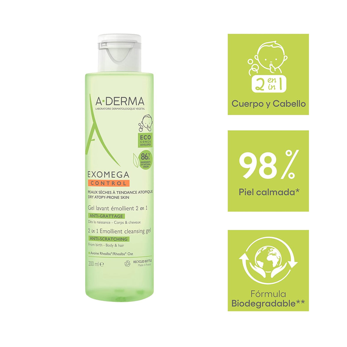 A-DERMA EXOMEGA CONTROL GEL EMOLIENTE LIMPIADOR 2 EN 1 200ML