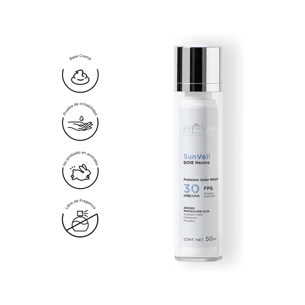 RÉVE SUNVEIL SOIE NEUTRE PROTECTOR SOLAR MINERAL MATE SPF30+ 50ML