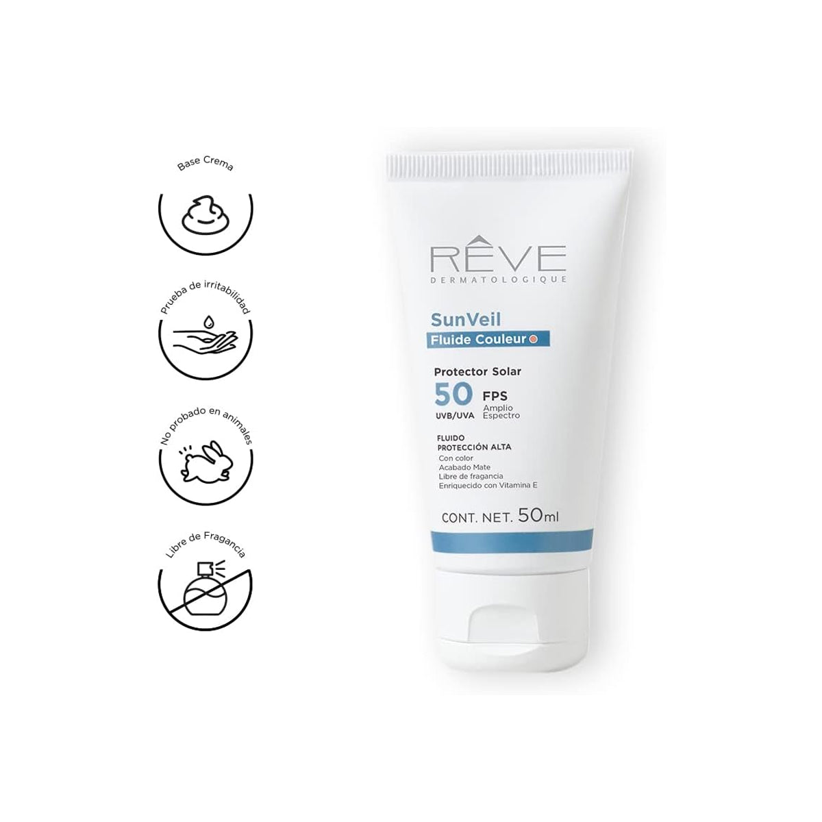 RÉVE SUNVEIL FLUIDE COULEUR PROTECTOR SOLAR AMPLIO ESPECTRO SPF50+ 50ML