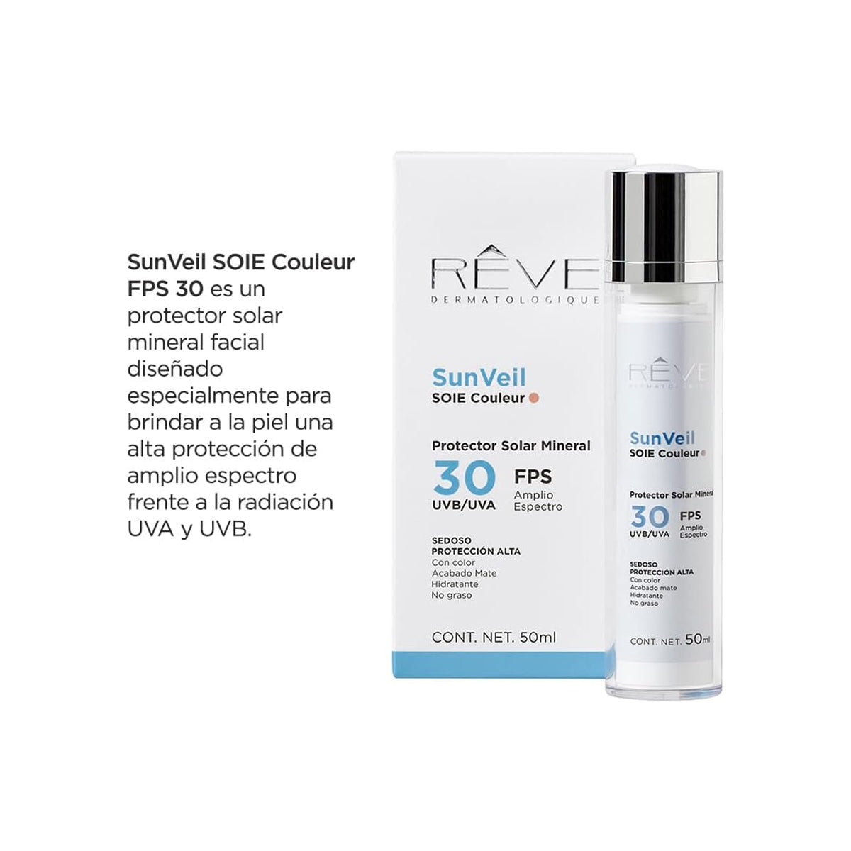 RÉVE SUNVEIL SOIE COULEUR PROTECTOR SOLAR MINERAL MATE SPF30+ 50ML