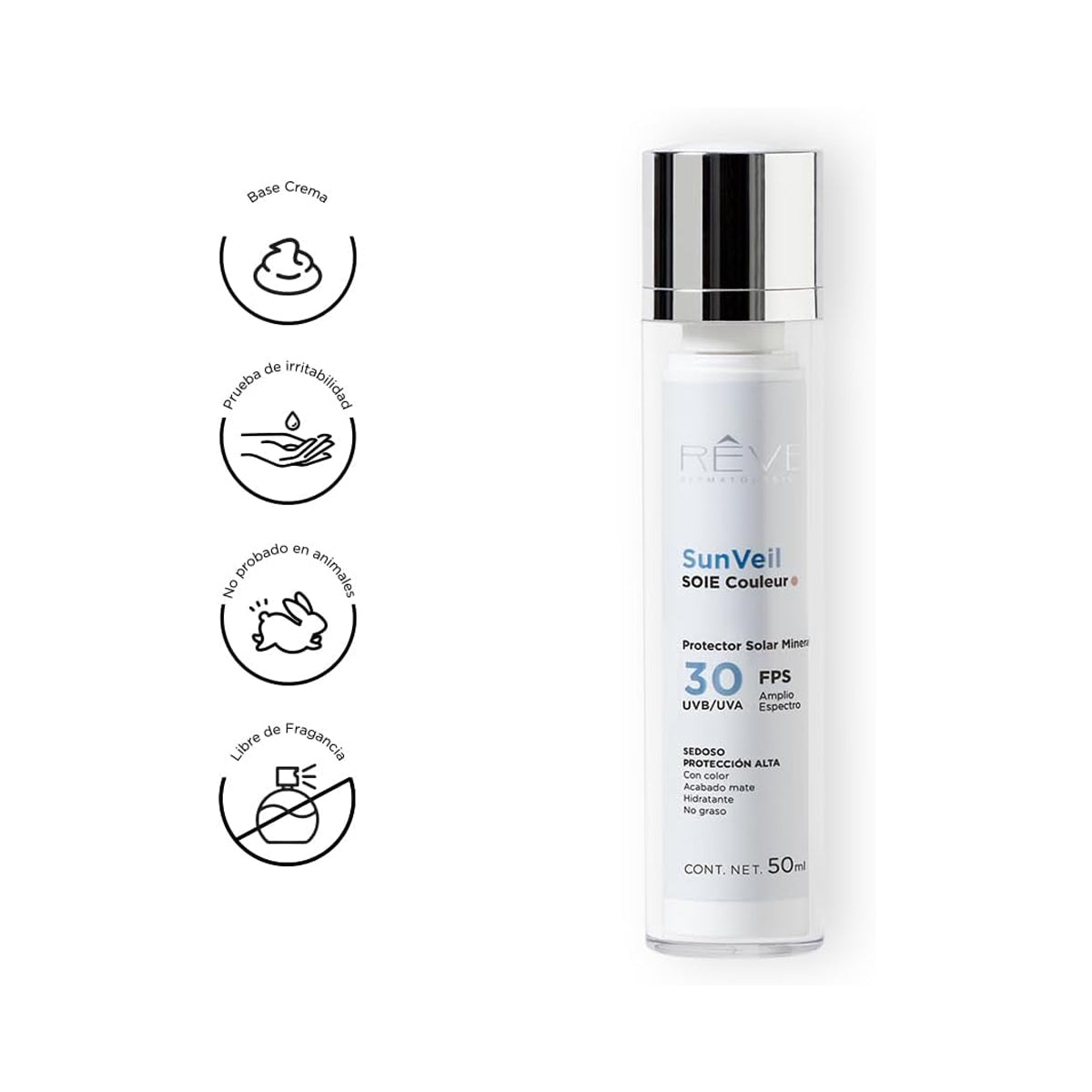 RÉVE SUNVEIL SOIE COULEUR PROTECTOR SOLAR MINERAL MATE SPF30+ 50ML